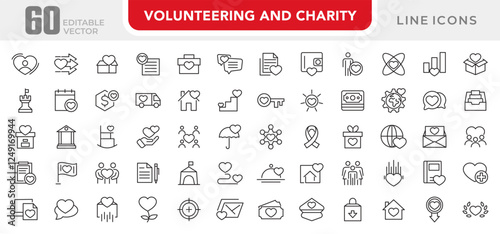 Volunteering and Charity line icon set. Donate, donor, doctor, care, help, support, partnership, charity, care, help, empathy, food line icon set. UI thin line icon pack.