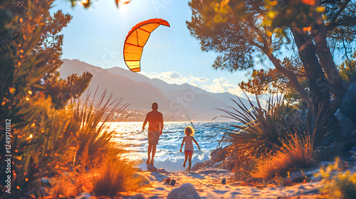 Father and daughter walking on beach at sunset watching kitesurfing