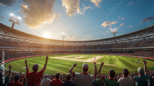 Cricket ground with players on the field, audience cheering