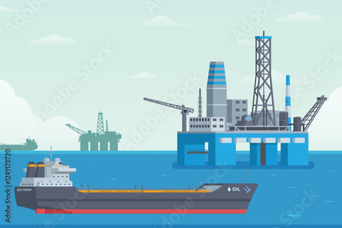 Offshore Oil Rig & Tanker Ship Vector Illustration. Flat Style and Fully Editable , Ideal for Infographics & Designs