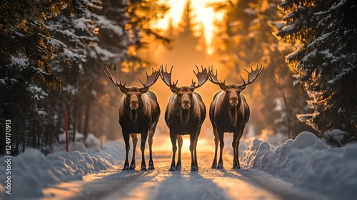 Group of three bull moose standing together on a forest road covered with snow. Bulls watching ahead. photo