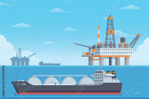 Offshore Oil Rig & Tanker Ship Vector Illustration. Flat Style and Fully Editable , Ideal for Infographics & Designs