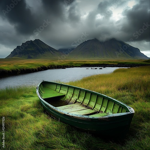 A green boat on the grassy shore of an island in Iceland