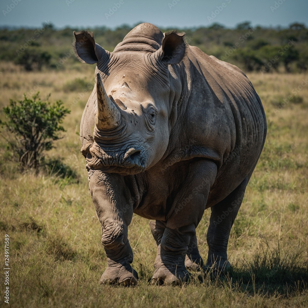 Fototapeta premium rhino in the wild Landscape of a large, long-horned rhino in the savanna Breitmaulnashorn / Square-lipped rhinoceros / Ceratotherium simum