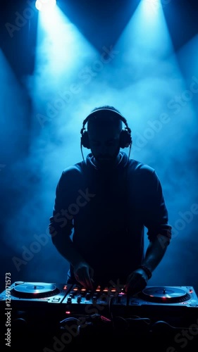Dynamic dj performance with vibrant lights and atmospheric smoke