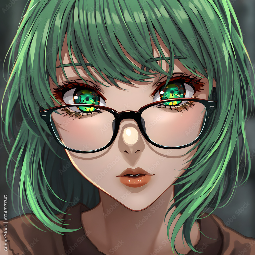 Fototapeta premium Ilustración hiperrealista de una encantadora chica anime con gafas y cabello verde.