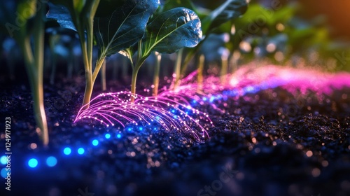 AI-assisted microbial farming with nutrient-rich soil regeneration, glowing bio-enhanced roots, digital analytics overlay tracking microbial activity