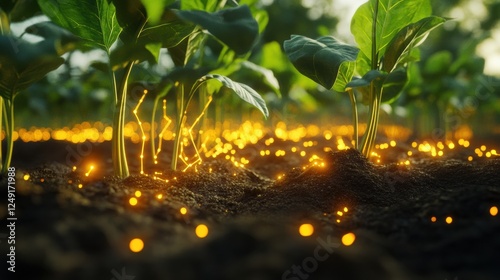 AI-assisted microbial farming with nutrient-rich soil regeneration, glowing bio-enhanced roots, digital analytics overlay tracking microbial activity