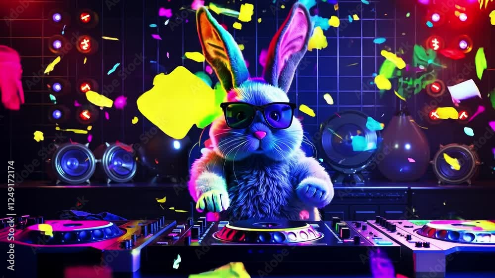 A rabbit wearing sunglasses standing in front of a dj mixer