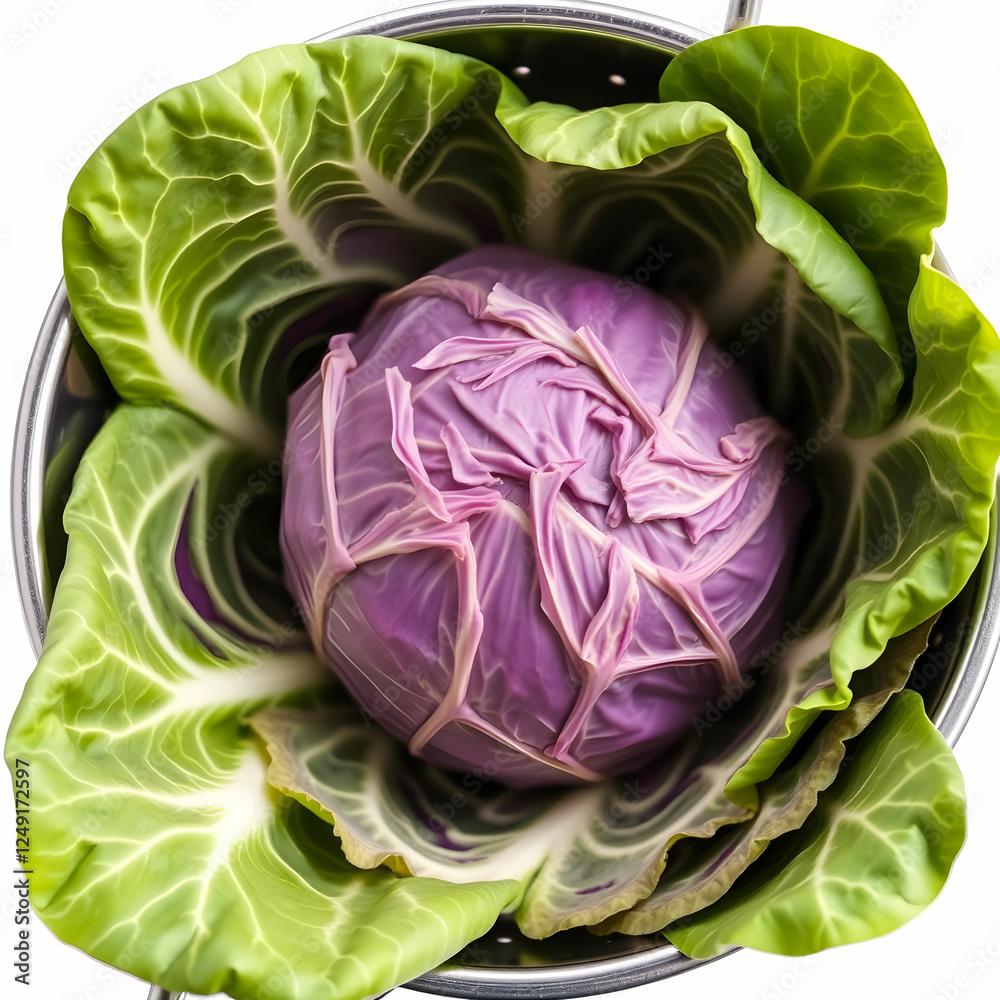 Obraz premium A delicious organic cabbage in stainless steel colander isolated on the background