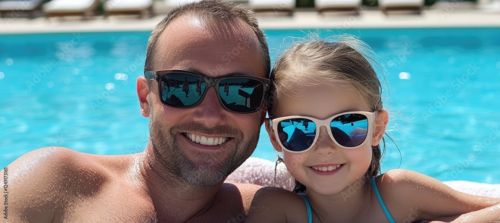 Handsome man with his daughter wearing sunglasses and posing for the camera near a swimming pool in summer Handsome man with his daughter wearing sunglasses and posing for the camera near a swimming pool in summer