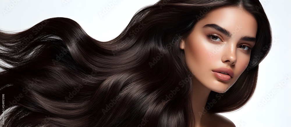 Obraz premium A captivating beauty portrait of a flawless model, an editorial fashion shoot. Insanely detailed photo of a beautiful woman with long hair, hair treatment adverstising. Generative AI