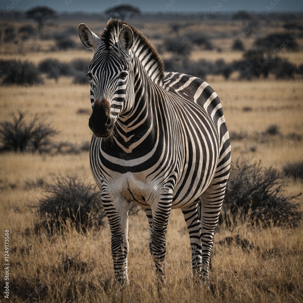 Naklejka premium A zebra grazing in a sunlit savanna, under a dazzling white sky.Majestic and beautiful zebra in the African savannah, wildlife, wild animal. A zebra stands gracefully in a golden grassland, illum
