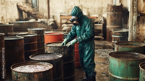 A person in a hazmat suit inspects rusty barrels in a polluted warehouse.