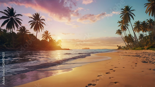 A Realistic Tropical Beach Sunset with Palm Trees and Summer Vibes