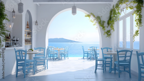 Greek island cafe with whitewashed walls  blue chairs  and a view of the Aegean Sea 