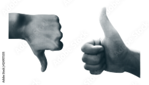 Halftone textured Thumbs-up, Thumbs-down hand gestures. Vintage collage sign Approve, Disapproval. Symbols for Positive, Negative feedback.