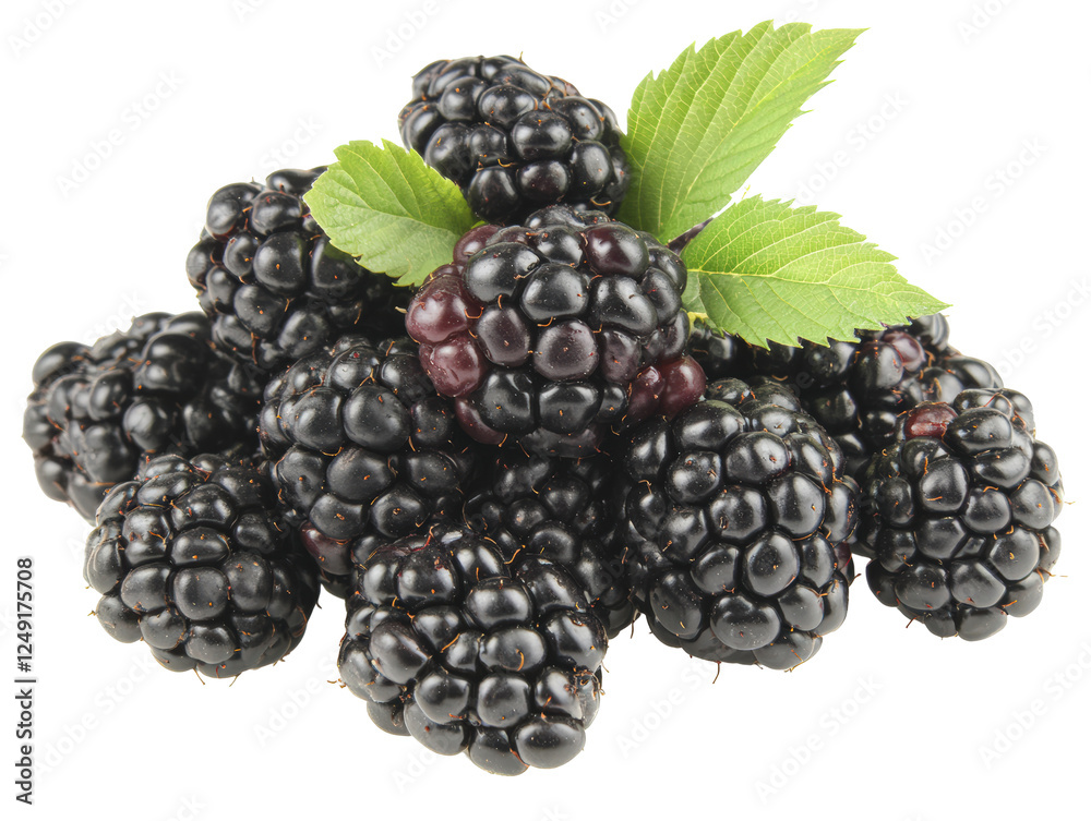 Isolated Pile of Fresh Blackberries with Leaves, Glossy Detail Isolated Pile of Fresh Blackberries with Leaves, Glossy Detail