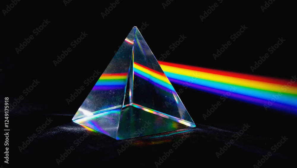 Fototapeta premium Prism Rainbow Refraction: A crystal-clear prism sits majestically on a dark background, bending light into a vibrant rainbow spectrum.
