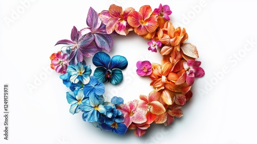 Colorful Floral Wreath with Various Bright Orchids and Blooms on a White Background for Creative Projects
