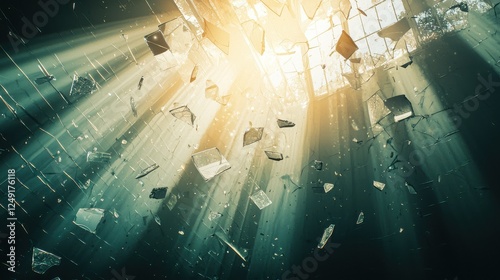 Rays of Light Penetrating Through Broken Glass in an Abandoned Building Creating a Mystical Atmosphere