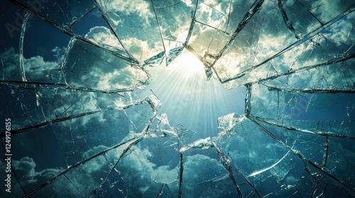 Shattered Glass Effect with Bright Light Rays and Dramatic Sky Background