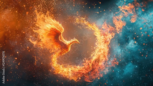 Majestic Flame-Bird Rising from Ashes in a Celestial Explosive Background of Fire and Smoke