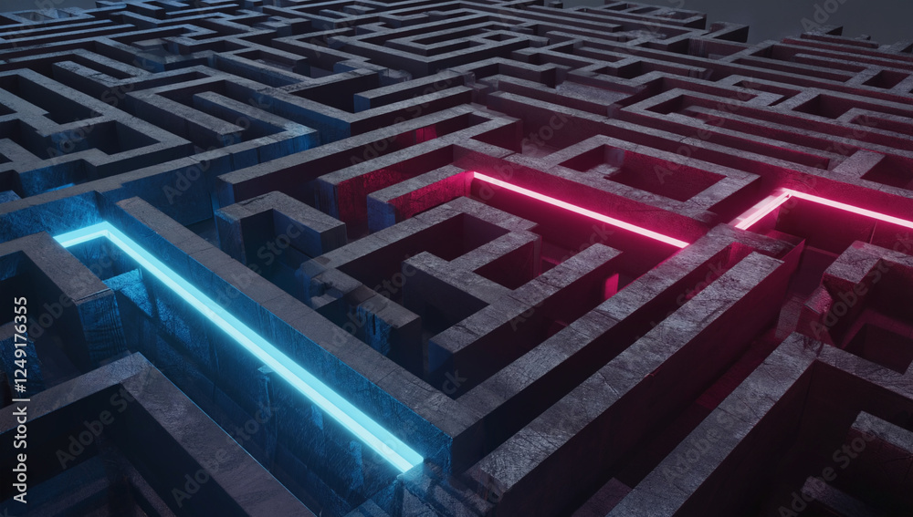 Neon Maze: A complex, dark maze with glowing neon blue and red pathways offers a visual metaphor for complex choices and problem-solving. Neon Maze: A complex, dark maze with glowing neon blue and red pathways offers a visual metaphor for complex choices and problem-solving.