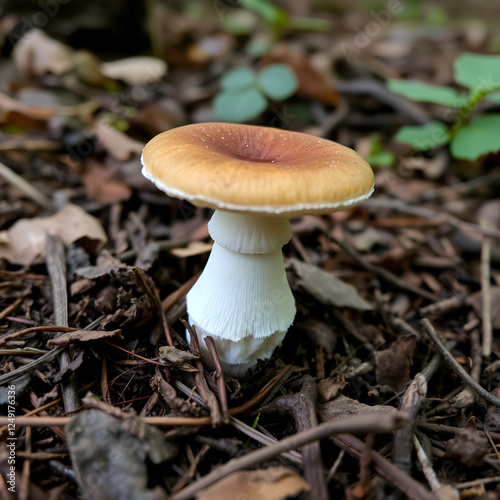 Small grisette mushroom with a brown cap on the forest floor in the Black Forest in southern Germany. Also known as Amanita vaginata, grisette or the grisette amanita. photo