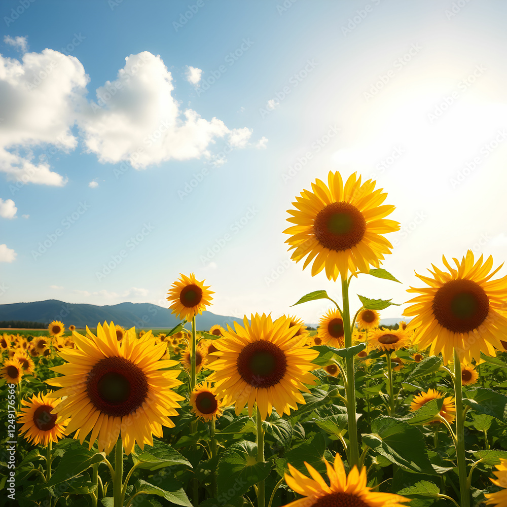 Obraz premium A group of sunflowers field on sunny day on blank background