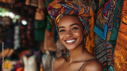 Vibrant Woman Smiling in Colorful Traditional Clothing and Head Wrap in Market Setting