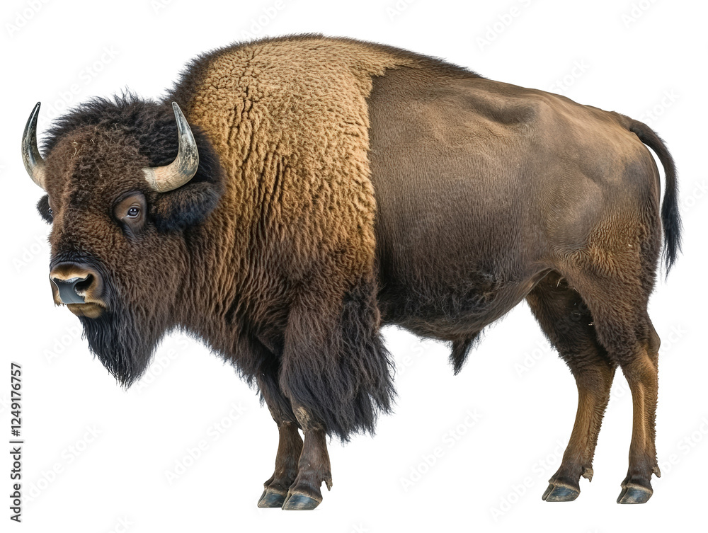 Isolated Side View of a Brown Bison with Heavy Fur Isolated Side View of a Brown Bison with Heavy Fur