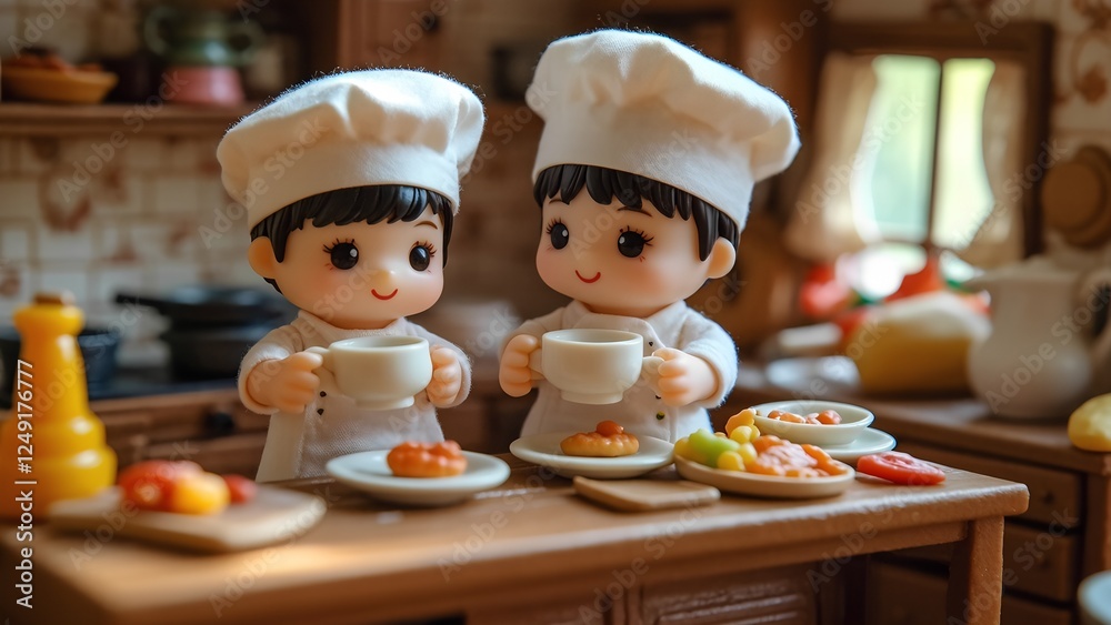 A tiny gourmet feast inside a dollhouse-sized kitchen, where miniature chefs prepare intricate meals using thimble-sized plates and teacups A tiny gourmet feast inside a dollhouse-sized kitchen, where miniature chefs prepare intricate meals using thimble-sized plates and teacups