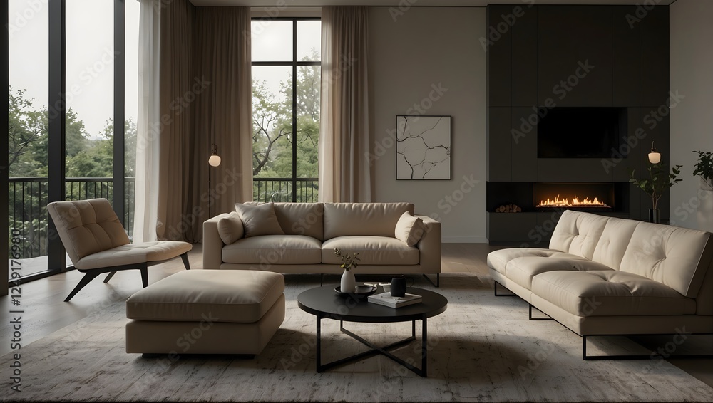 Fototapeta premium Neutral-colored living room with sofa, chair, ottoman, table, fireplace, and TV