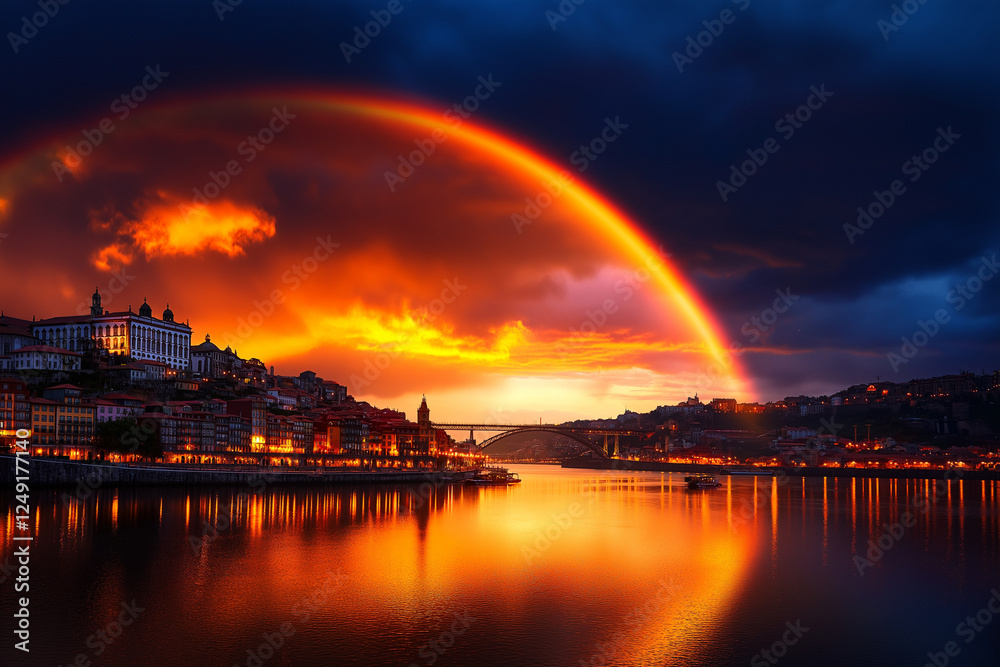 Fototapeta premium stunning rainbow arches over old city of Porto, reflecting beautifully in river. vibrant sunset colors create magical atmosphere, highlighting city architecture