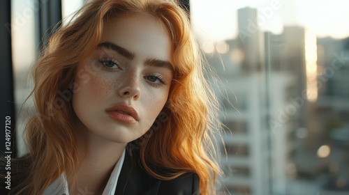 Young Woman with Red Hair and Freckles Looking Thoughtfully at the Viewer in a Modern Urban Setting