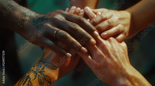 Diverse Hands Together Symbolizing Unity, Friendship, and Collaboration in a Warm Natural Light Setting
