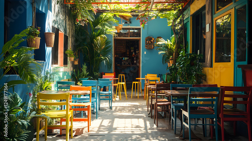 Brazilian street cafe with colorful chairs, tropical plants, and sunlight filtering through an open-air setting 