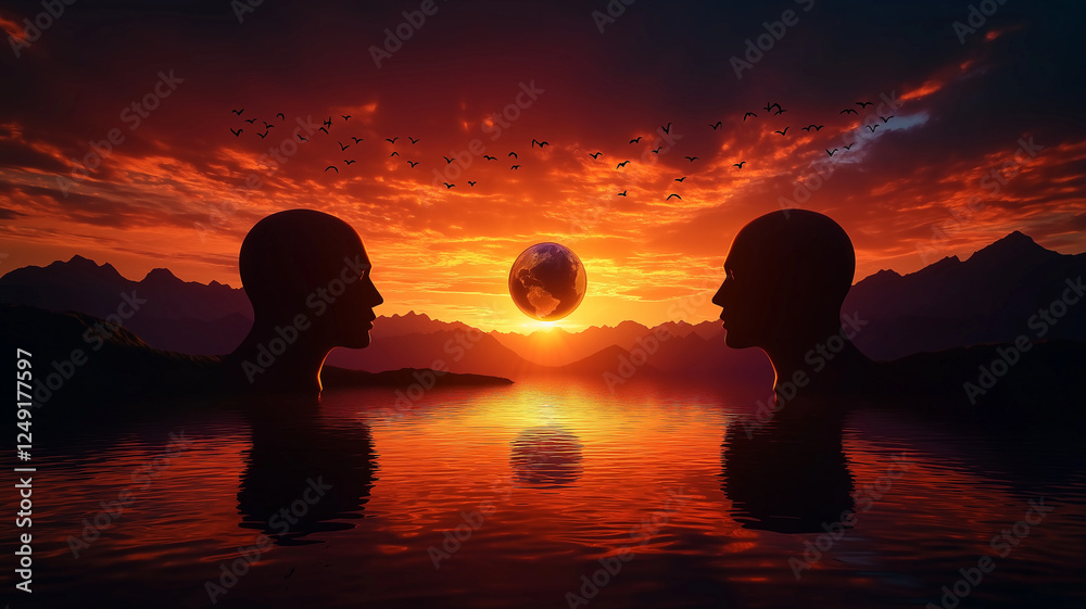 Surrealistic landscape featuring two large head statues facing each other, with glowing earth at sunset, surrounded by mountains and birds in sky Surrealistic landscape featuring two large head statues facing each other, with glowing earth at sunset, surrounded by mountains and birds in sky