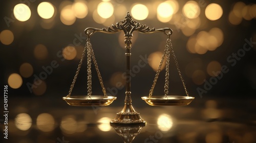 Elegant golden scales of justice symbolizing fairness and balance with a shimmering bokeh background