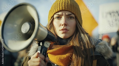 Young woman with megaphone at a protest rally wearing a winter hat and scarf with determined expression on her face