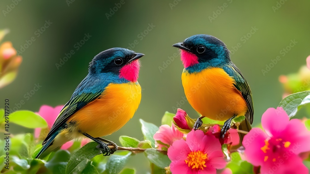 two colorful birds sitting on some flowers.
two colorful birds sitting on some flowers.