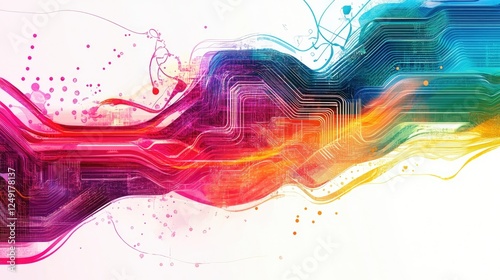 High-tech AI design featuring a circuit-adorned symbol, vibrant colors flowing around it, set against a minimalist white background.