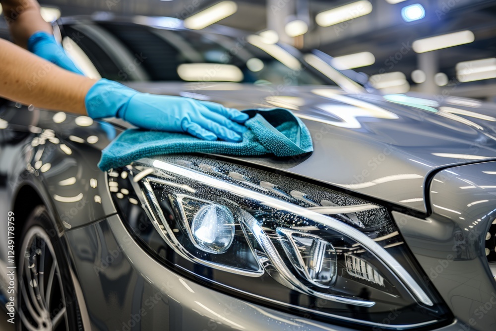 Worker wearing blue gloves cleaning car headlight with microfiber cloth in silver car, emphasizing cleanliness, precision, smooth surface, and glossy automotive detail indoor setting. Worker wearing blue gloves cleaning car headlight with microfiber cloth in silver car, emphasizing cleanliness, precision, smooth surface, and glossy automotive detail indoor setting.