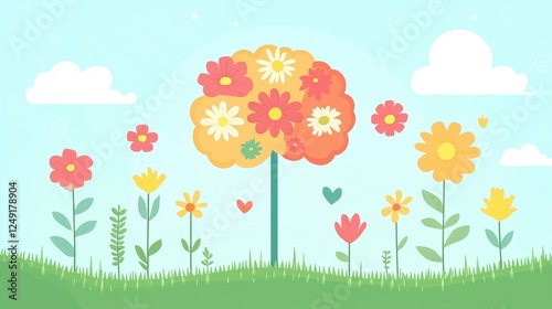 Colorful Floral Landscape with a Whimsical Tree