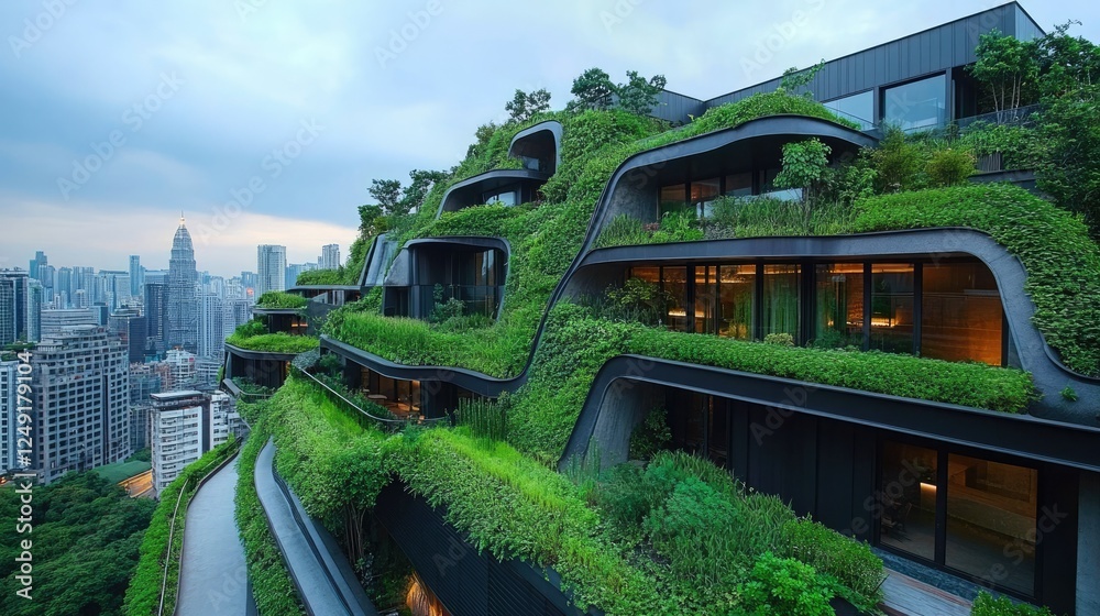 Obraz premium Innovative architecture with greenery-filled balconies, adding a natural touch to an urban cityscape.