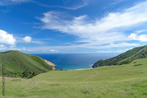 A panoramic view of the Bixby Creek Bridge along Big Sur's coastline, with lush green hills and blue ocean