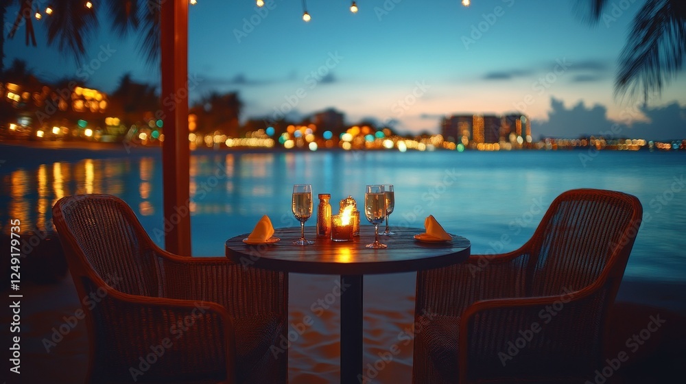 Fototapeta premium Romantic Beach Dinner:Sunset, Tranquil Ocean, Delicious Meal