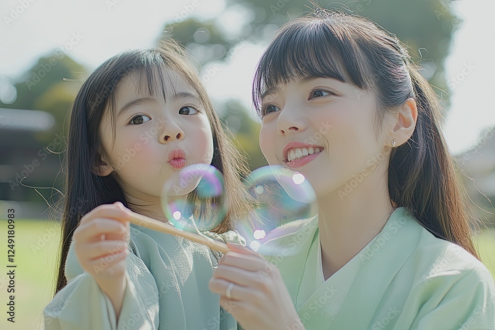 A young Japanese girl blowing bubbles with her mother in the park, wearing light green and holding bubble wand sticks, with a blurred grassy background A young Japanese girl blowing bubbles with her mother in the park, wearing light green and holding bubble wand sticks, with a blurred grassy background