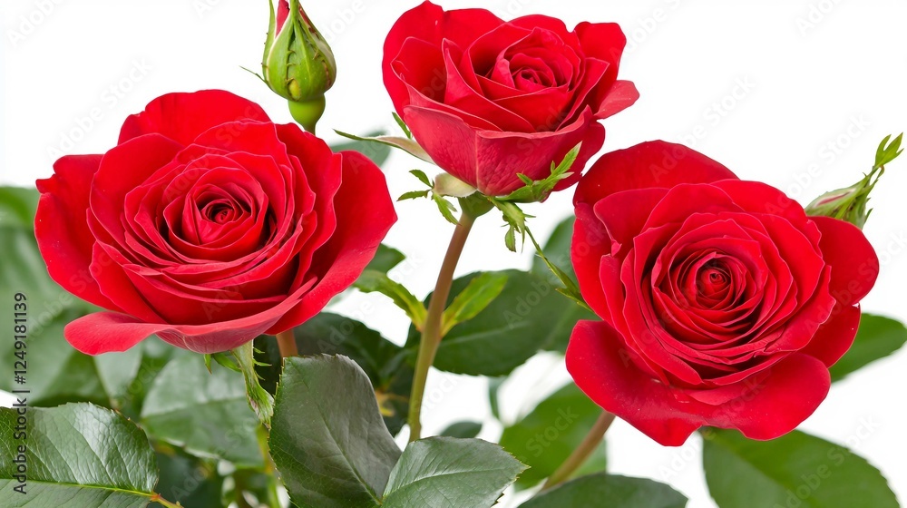 Vibrant Red Roses with Green Leaves on White Background Vibrant Red Roses with Green Leaves on White Background